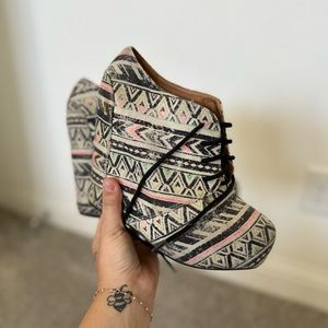 Patterned Neon Lace Up Wedges